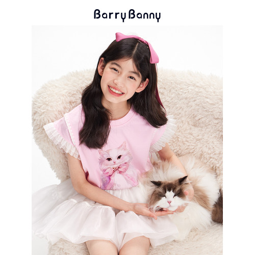 BarryBanny女童粉色小貓T恤蕾絲短袖2025夏季新款兒童粉色上衣