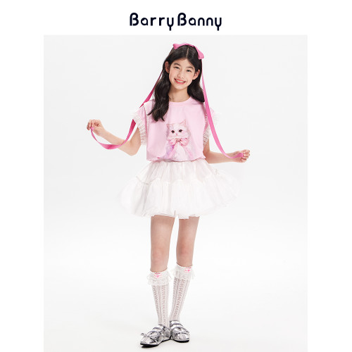 BarryBanny女童粉色小貓T恤蕾絲短袖2025夏季新款兒童粉色上衣