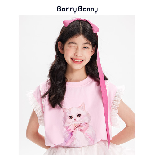 BarryBanny女童粉色小貓T恤蕾絲短袖2025夏季新款兒童粉色上衣
