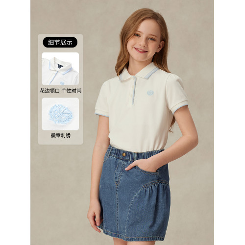 eland kids衣戀童裝女童POLO衫2025年夏季新品徽章撞色花邊領T恤