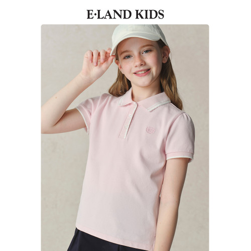 eland kids衣戀童裝女童POLO衫2025年夏季新品徽章撞色花邊領T恤