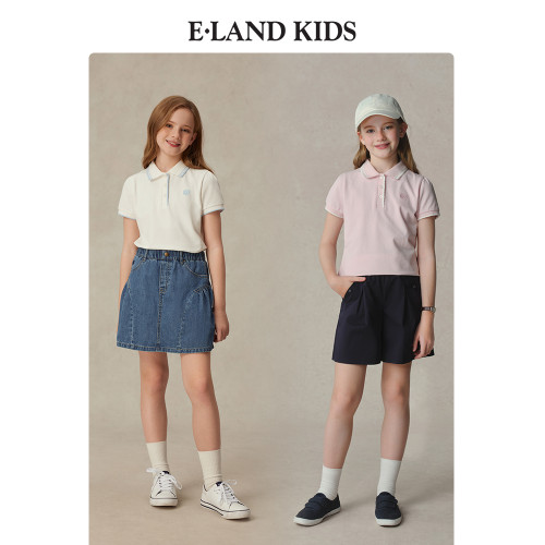 eland kids衣戀童裝女童POLO衫2025年夏季新品徽章撞色花邊領T恤