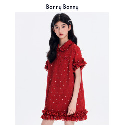 BarryBanny女童紅色連衣裙2025夏季新款兒童洋氣甜美娃娃領公主裙