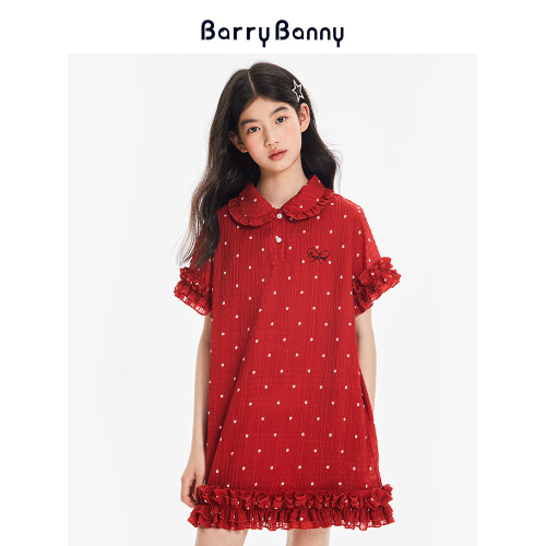 BarryBanny女童紅色連衣裙2025夏季新款兒童洋氣甜美娃娃領公主裙
