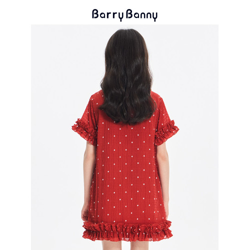 BarryBanny女童紅色連衣裙2025夏季新款兒童洋氣甜美娃娃領公主裙