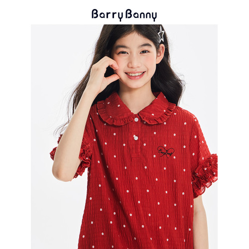 BarryBanny女童紅色連衣裙2025夏季新款兒童洋氣甜美娃娃領公主裙
