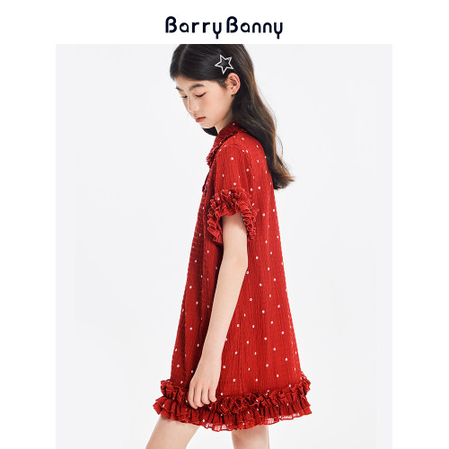 BarryBanny女童紅色連衣裙2025夏季新款兒童洋氣甜美娃娃領公主裙