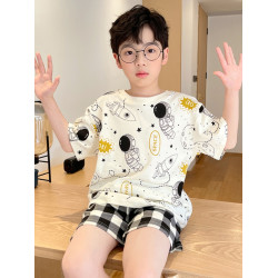 芬騰男童睡衣兒童夏季薄款純棉短袖套裝中大童12嵗男孩洋氣夏天家