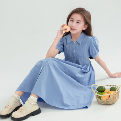 夏季女童法式藍色長款立領襯衣裙 童裝新品短袖連衣裙 中大兒童