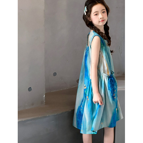 女童連衣裙夏季2025新款中大童紥染口袋背心裙韓版薄款兒童沙灘裙