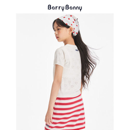 BarryBanny中大女童草莓T恤2025夏季新款圓領短袖兒童印花白上衣