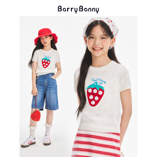 BarryBanny中大女童草莓T恤2025夏季新款圓領短袖兒童印花白上衣