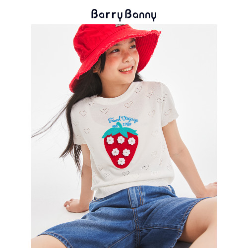 BarryBanny中大女童草莓T恤2025夏季新款圓領短袖兒童印花白上衣