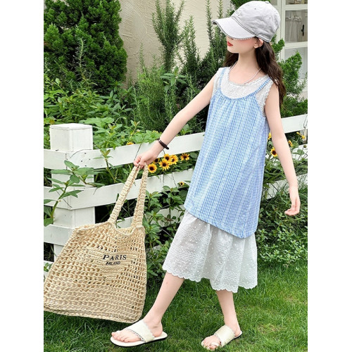女童假兩件吊帶連衣裙夏裝2025新款兒童夏季韓版休閒時尚裙子大童