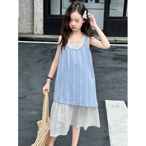 女童假兩件吊帶連衣裙夏裝2025新款兒童夏季韓版休閒時尚裙子大童