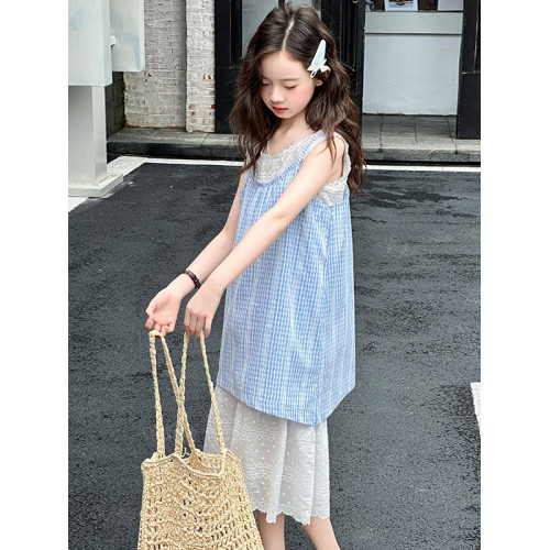 女童假兩件吊帶連衣裙夏裝2025新款兒童夏季韓版休閒時尚裙子大童