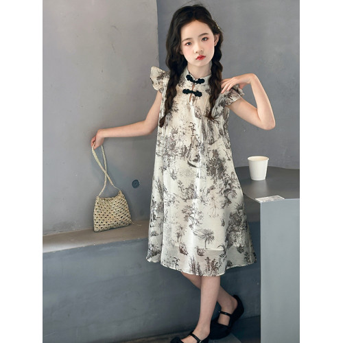女童新中式連衣裙夏2025新款中大童國風盤釦公主裙水墨畫飛袖紗裙