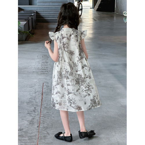 女童新中式連衣裙夏2025新款中大童國風盤釦公主裙水墨畫飛袖紗裙