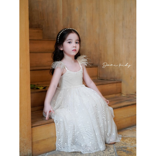 Domikids女童夏季新款刺綉羽毛連衣裙兒童吊帶網紗公主裙生日禮服