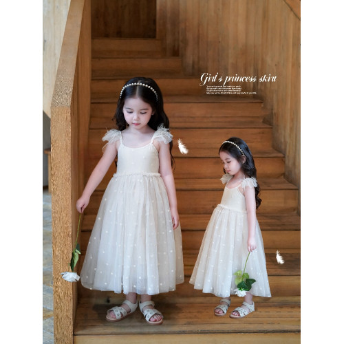 Domikids女童夏季新款刺綉羽毛連衣裙兒童吊帶網紗公主裙生日禮服