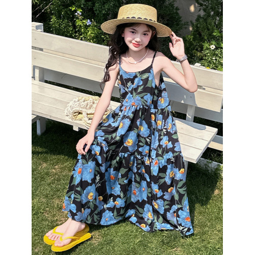 女童連衣裙夏季2025新款洋氣兒童碎花公主裙大童海邊度假風吊帶裙