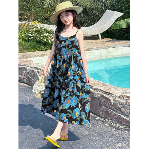 女童連衣裙夏季2025新款洋氣兒童碎花公主裙大童海邊度假風吊帶裙