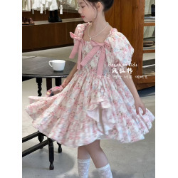 女童法式連衣裙夏裝裙子2025新款兒童泡泡袖公主裙女孩生日禮服裙