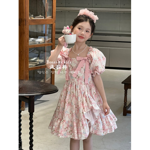 女童法式連衣裙夏裝裙子2025新款兒童泡泡袖公主裙女孩生日禮服裙