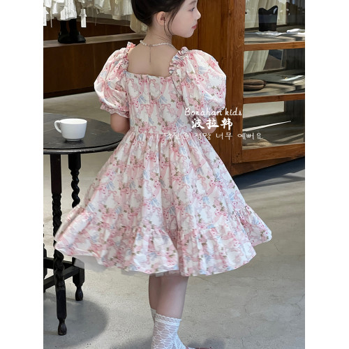 女童法式連衣裙夏裝裙子2025新款兒童泡泡袖公主裙女孩生日禮服裙