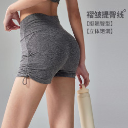 抽繩新款瑜伽短褲女高腰提臀外穿健身三分褲跑步透氣蜜桃臀運動褲