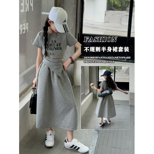 女童夏季連衣裙洋氣女孩字母短袖不規則半身裙韓系休閒夏款兩件套