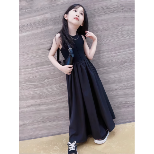 女童黑色連衣裙夏季女大童長裙背心裙赫本風小女孩夏裝裙子洋氣夏