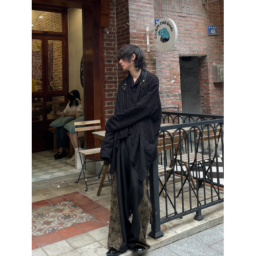 以休眠 復古小衆山本耀司風側面褶皺拼接設計濶腿褲拖地堆曡西褲