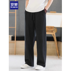 羅矇亞麻休閒褲男士2025新款寬松緊腰濶腿褲夏季棉麻直筒長褲子男