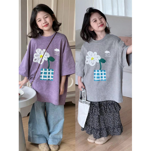 女童花朵短袖夏天兒童印花T恤2025小女孩套頭體恤中大童洋氣t上衣