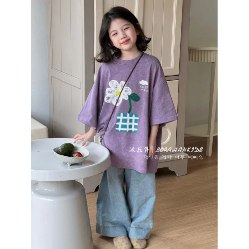 女童花朵短袖夏天兒童印花T恤2025小女孩套頭體恤中大童洋氣t上衣
