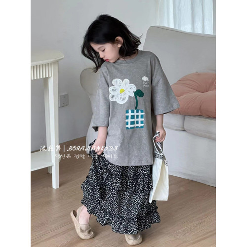 女童花朵短袖夏天兒童印花T恤2025小女孩套頭體恤中大童洋氣t上衣