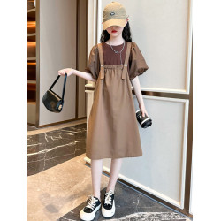 女童夏季連衣裙套裝大童夏裝泡泡袖裙子兒童夏天衣服小女孩背帶裙