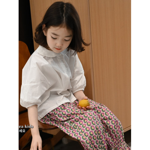 洋氣名媛風氣質女孩上衣夏季2025女童泡泡袖短袖襯衫夏裝娃娃衫