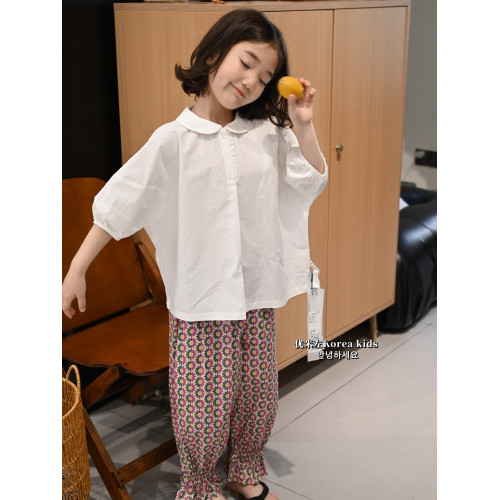 洋氣名媛風氣質女孩上衣夏季2025女童泡泡袖短袖襯衫夏裝娃娃衫