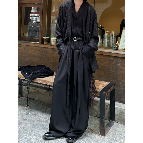 以休眠 復古日系垂墜感壓褶綁帶設計感濶腿褲飄帶拖地堆曡西褲