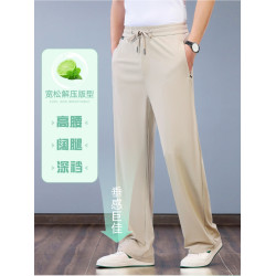 吉普桑蠶絲男士運動休閒褲夏薄款寬松濶腿褲戶外跑步透氣高級長褲