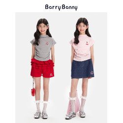 BarryBanny女童小熊飛飛袖2025夏季短袖T恤立體刺綉修身短款上衣