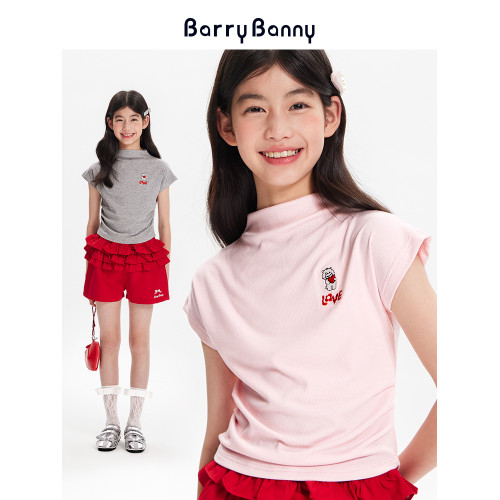 BarryBanny女童小熊飛飛袖2025夏季短袖T恤立體刺綉修身短款上衣