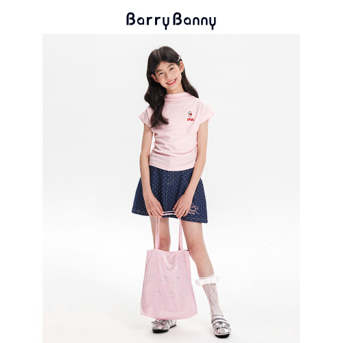BarryBanny女童小熊飛飛袖2025夏季短袖T恤立體刺綉修身短款上衣