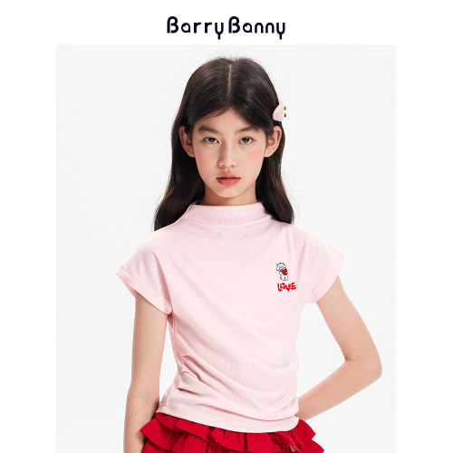 BarryBanny女童小熊飛飛袖2025夏季短袖T恤立體刺綉修身短款上衣
