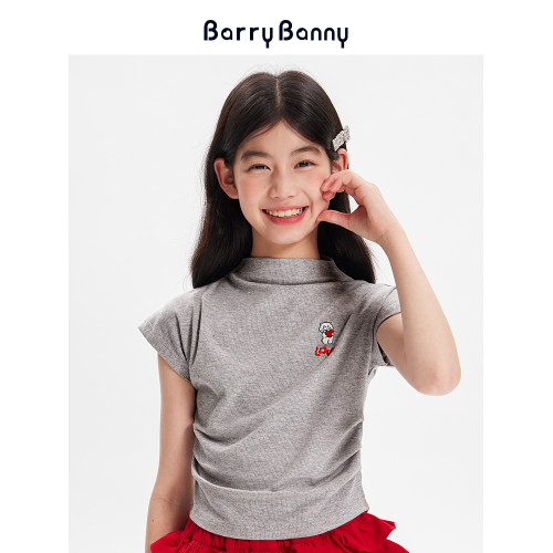 BarryBanny女童小熊飛飛袖2025夏季短袖T恤立體刺綉修身短款上衣