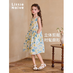Little Naive女童純棉連衣裙夏季新款印花背心裙兒童口袋碎花裙