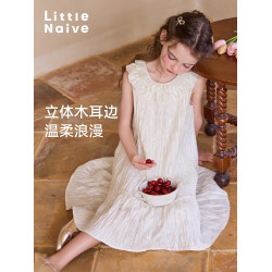 Little Naive兒童連衣裙夏季新款皺感公主禮服女童花邊領口背心裙