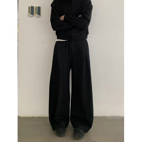 美式復古小衆解搆設計打褶廓形彎刀休閒褲衛褲男女直筒寬松濶腿褲